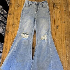 Three Bird Nest Light Blue Distressed Flare Jeans